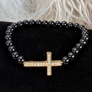 Dainty goldtone, cross, bling, black small beaded costume stretch bracelet